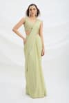 Buy_Mirroir_Green Chiffon, Viscose Embroidery, Sequins, Beads Sage Pre-draped Saree Set _at_Aza_Fashions