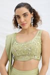 Buy_Mirroir_Green Chiffon, Viscose Embroidery, Sequins, Beads Sage Pre-draped Saree Set _Online_at_Aza_Fashions