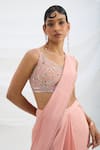 Buy_Mirroir_Peach Chiffon, Viscose Sequins, Beads V-neck Pink Pre-draped Saree Set _Online_at_Aza_Fashions