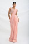 Shop_Mirroir_Peach Chiffon, Viscose Sequins, Beads V-neck Pink Pre-draped Saree Set _Online_at_Aza_Fashions