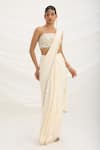 Buy_Mirroir_Beige Linen, Chiffon Sequins, Embroidery Square Neck Pre-draped Saree Set _at_Aza_Fashions