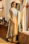 Shop_Saundh_Cream Muslin, Cotton Satin, Viscose Embroidery Printed Kurta Set With Dupatta _Online_at_Aza_Fashions