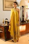Shop_Saundh_Yellow Muslin Embroidery Asymmetric Silk Kaftan And Pant Set _Online_at_Aza_Fashions
