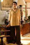 Buy_Saundh_Cream Viscose Embroidery V-neck Printed Shimmer Kurta And Pant Set _at_Aza_Fashions