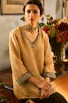 Buy_Saundh_Cream Viscose Embroidery V-neck Printed Shimmer Kurta And Pant Set _Online_at_Aza_Fashions