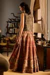 Shop_Saundh_Red Muslin, Silk V-neck Printed Fusion Lehenga And Blouse Set _at_Aza_Fashions