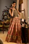 Buy_Saundh_Red Muslin, Silk V-neck Printed Fusion Lehenga And Blouse Set _at_Aza_Fashions