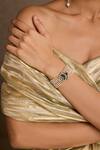 Shop_Tarun Tahiliani_Emerald Green Crystals Crescent Silver Bracelet _at_Aza_Fashions
