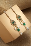 Shop_Tarun Tahiliani_Emerald Green Pearls, Stones Crescent Silver Earrings _at_Aza_Fashions