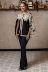 Buy_Shreeka_Black Chanderi, Silk Sequins, Pearls Applique Embroidered Jacket And Pant Set _at_Aza_Fashions