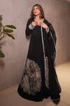 Shop_Shreeka_Black Silk Crepe Embroidery Pipe V Neck Flower Chintz Anarkali Set _at_Aza_Fashions