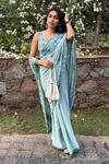 Shop Shreeka Blue Silk Satin, Bamboo, Linen Embroidery, Cut Work, Beads, Saree With Blouse Shop_Shreeka_Blue Silk Satin, Bamboo, Linen Embroidery, Cut Work, Beads, Saree With Blouse