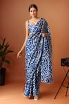 Buy_Samyukta Singhania_Blue Chiffon Sweetheart Neck Printed Pre-draped Saree Set _at_Aza_Fashions