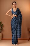 Buy_Samyukta Singhania_Blue Chiffon V-neck Printed Pre-draped Saree Set _at_Aza_Fashions