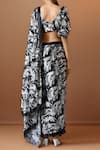 Shop_Samyukta Singhania_Black Chiffon V-neck Printed Pre-draped Saree Set _at_Aza_Fashions