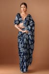 Buy_Samyukta Singhania_Blue Chiffon V-neck Printed Pre-draped Saree Set _at_Aza_Fashions