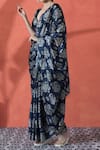 Samyukta Singhania_Blue Chiffon V-neck Printed Pre-draped Saree Set _Online_at_Aza_Fashions