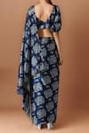 Shop_Samyukta Singhania_Blue Chiffon V-neck Printed Pre-draped Saree Set _at_Aza_Fashions