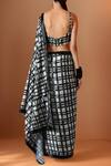 Shop_Samyukta Singhania_Black Chiffon Square Neck And White Printed Pre-draped Saree Set _at_Aza_Fashions
