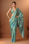 Buy_Samyukta Singhania_Multi Color V-neck Printed Pre-draped Saree And Blouse Set _at_Aza_Fashions