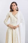 Samyukta Singhania_White Cotton, Georgette Zari V-neck Gold Stripe Kurta Palazzo Set _at_Aza_Fashions