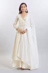 Buy_Samyukta Singhania_White Cotton, Georgette Zari V-neck Gold Stripe Kurta Palazzo Set _at_Aza_Fashions