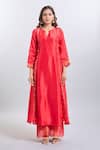 Samyukta Singhania_Red Tissue Embroidery V-neck Upada Silk Anarkali Set _Online_at_Aza_Fashions