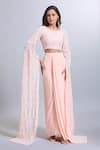 Samyukta Singhania_Peach Georgette Embroidery, Sequins Round Neck Draped Skirt And Crop Top Set_Online_at_Aza_Fashions