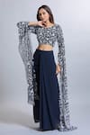 Samyukta Singhania_Navy Georgette Embroidery Round Neck Blue Draped Skirt And Crop Top Set _Online_at_Aza_Fashions