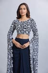 Shop_Samyukta Singhania_Navy Georgette Embroidery Round Neck Blue Draped Skirt And Crop Top Set _Online_at_Aza_Fashions