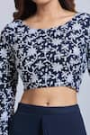 Samyukta Singhania_Navy Georgette Embroidery Round Neck Blue Draped Skirt And Crop Top Set _at_Aza_Fashions
