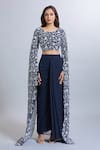 Buy_Samyukta Singhania_Navy Georgette Embroidery Round Neck Blue Draped Skirt And Crop Top Set 