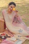 Shop_Pants and Pajamas_Beige Chanderi Embroidery Round Neck Printed Kurta Set _Online_at_Aza_Fashions
