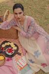 Pants and Pajamas_Beige Chanderi Embroidery Round Neck Printed Kurta Set _at_Aza_Fashions