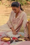 Buy_Pants and Pajamas_Beige Chanderi Embroidery Split V-neck Kurta Set With Stole _Online_at_Aza_Fashions
