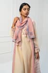Pants and Pajamas_Beige Chanderi Embroidery Split V-neck Kurta Set With Stole _at_Aza_Fashions