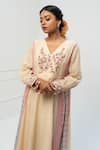 Pants and Pajamas_Beige Chanderi, Cotton, Silk Embroidery V-neck Printed Kurta Set _Online_at_Aza_Fashions