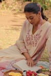 Buy_Pants and Pajamas_Beige Chanderi, Cotton, Silk Embroidery V-neck Printed Kurta Set _Online_at_Aza_Fashions