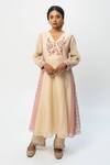 Buy_Pants and Pajamas_Beige Chanderi, Cotton, Silk Embroidery V-neck Printed Kurta Set _at_Aza_Fashions