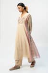 Shop_Pants and Pajamas_Beige Chanderi, Cotton, Silk Embroidery V-neck Printed Kurta Set _at_Aza_Fashions