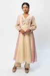 Shop_Pants and Pajamas_Beige Chanderi Embroidery V-neck Kurta _at_Aza_Fashions