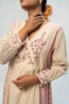 Pants and Pajamas_Beige Chanderi Embroidery V-neck Kurta _Online_at_Aza_Fashions