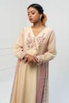 Buy_Pants and Pajamas_Beige Chanderi Embroidery V-neck Kurta _Online_at_Aza_Fashions