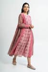 Shop_Pants and Pajamas_Pink Chanderi Round Neck Printed Kurta Set _at_Aza_Fashions
