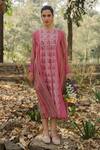 Buy_Pants and Pajamas_Pink Chanderi Embroidery Round Neck Long Kurta _at_Aza_Fashions