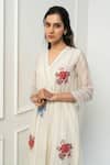 Shop_Pants and Pajamas_White Chanderi Embroidery V-neck Floral Printed Kurta Set _Online_at_Aza_Fashions