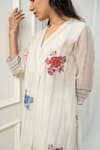 Pants and Pajamas_White Chanderi Embroidery V-neck Floral Printed Kurta Set _at_Aza_Fashions
