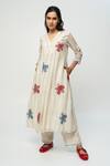 Buy_Pants and Pajamas_White Chanderi Embroidery V-neck Floral Kurta _at_Aza_Fashions