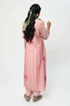 Shop_Pants and Pajamas_Pink Chanderi Embroidery V-neck Kurta Set _at_Aza_Fashions