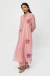 Buy_Pants and Pajamas_Pink Chanderi Embroidery V-neck Kurta Set _Online_at_Aza_Fashions